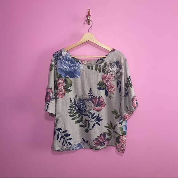 Laura Bianchi Blouse Women’s Size Medium Grey Floral Linen Flowy Oversized - Picture 2 of 7